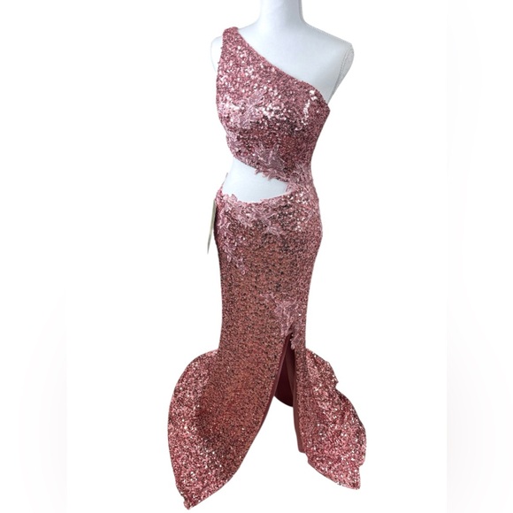 NWT Terani Couture One Shoulder Pink Sequin Cut Out Formal‎ Maxi Gown Glamour - Picture 2 of 13